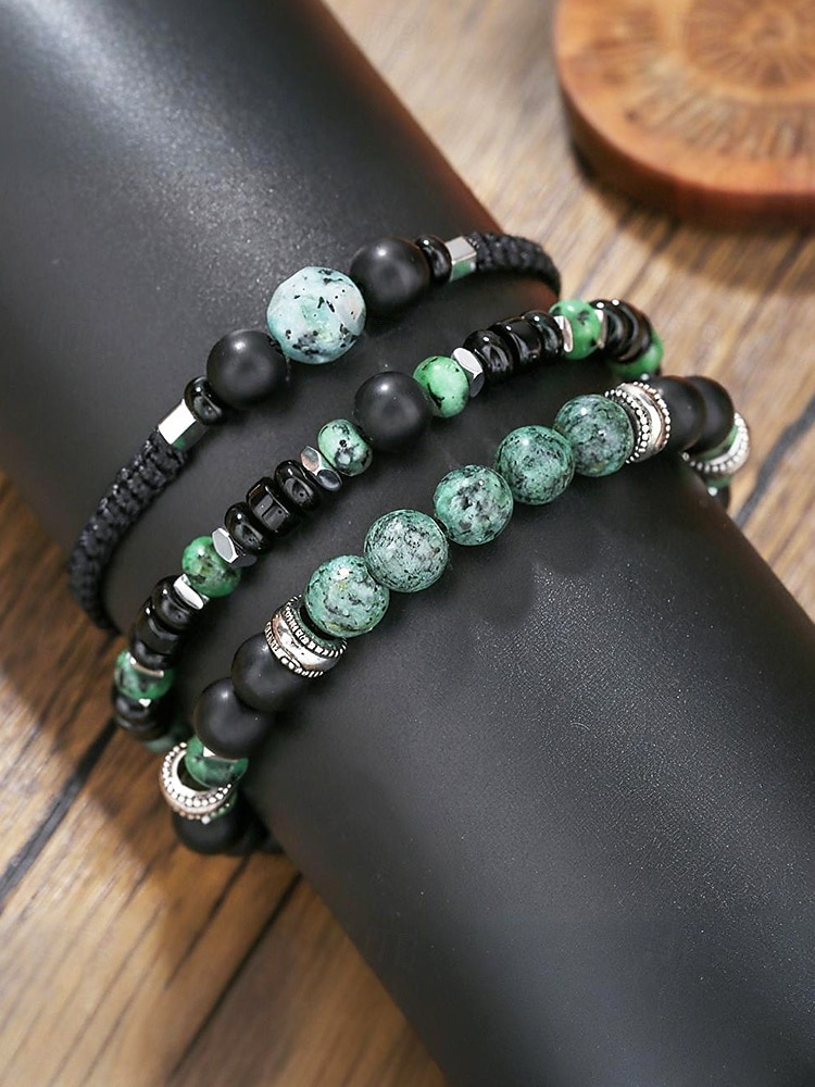 Men’s Green Stone Beaded Bracelet Set – 3-Piece Adjustable Natural Stone & Alloy Wristbands for Boho Style, Ideal for Daily Wear, Gifts and Festivals 2025 - $11.99 –P5