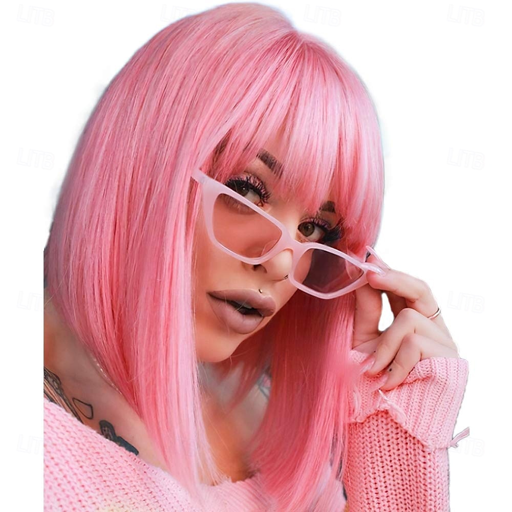 Rovná bílá paruka s ofinou 30 cm krátké bílé bob paruky pro ženy syntetické barevné cosplay párty paruka 2025 - $23.99 –P8