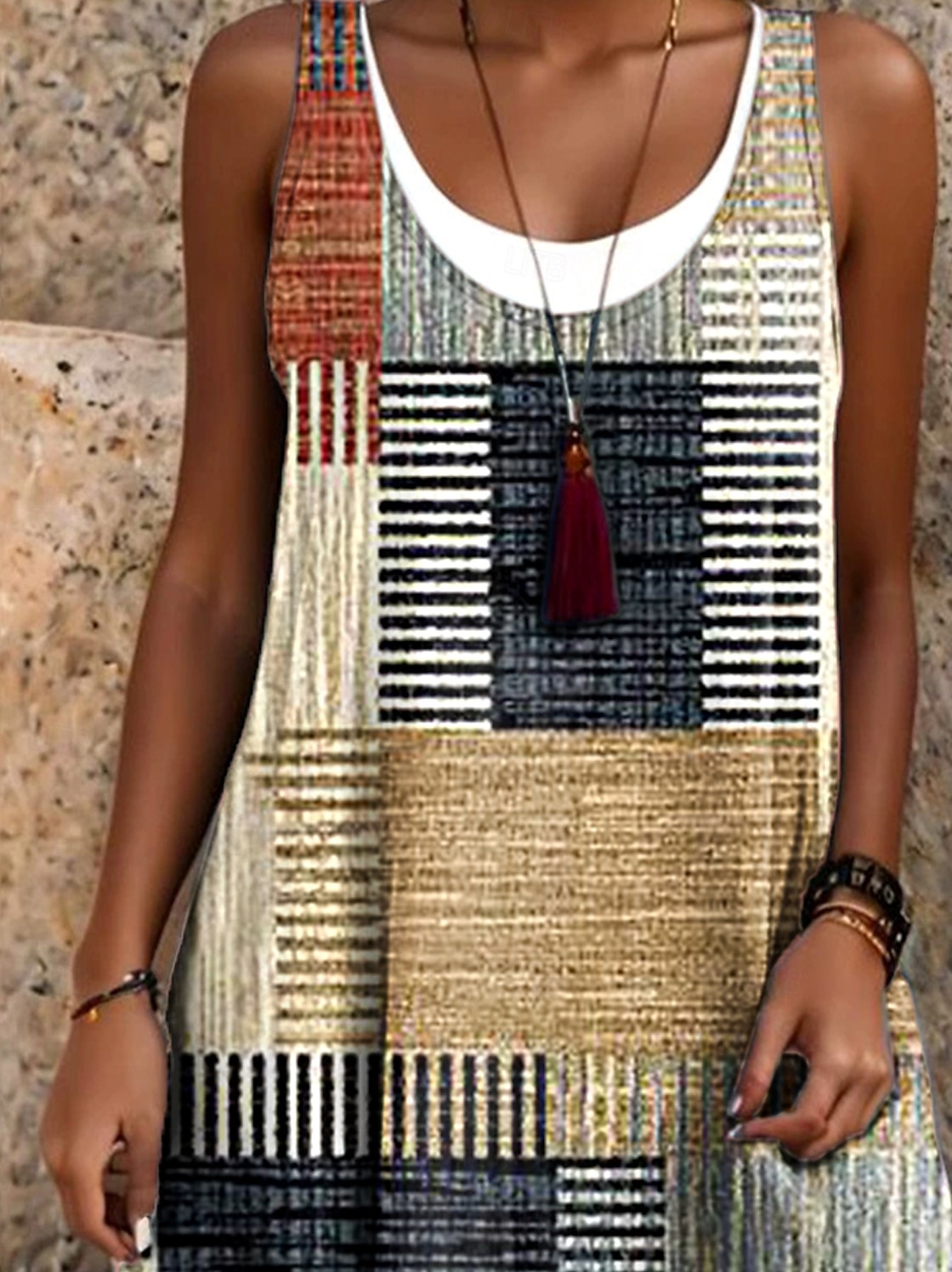 Damen Minikleid T-Shirt-Kleid Sommerkleid A Linie Kleid Urlaub Lässig Boho Täglich Lässiger Schnitt Grafik Geometrisch Karomuster Ärmellos Rundhalsausschnitt Khaki Sommer Frühling Herbst 2025 - $24.99 –P2