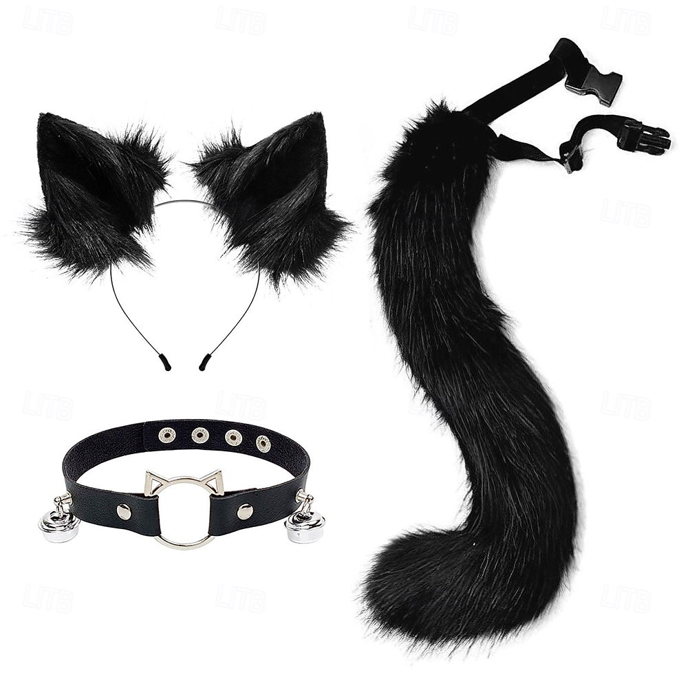 Bandă drăguță cu urechi de pisică, coadă și zgardă cu păr blănos – accesorii pentru cosplay cu animale, costum de fată-pisică pentru Halloween, petrecere și spectacol 2026 - $33.99 –P5