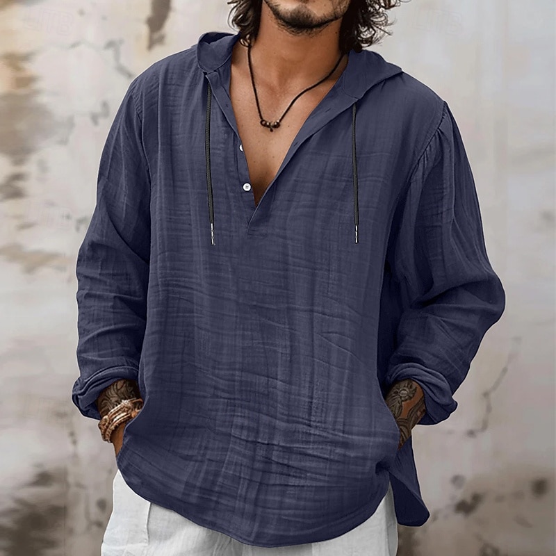 Per uomo Camicia Camicia di lino Stile vichingo Camicia Estiva Abbigliamento da spiaggia Camicia con cappuccio Tinta unica Vacanza Streetwear Blu marino Azzurro cielo Arancione Cachi Manica Lunga Con del 2025 a $21.99 –P7