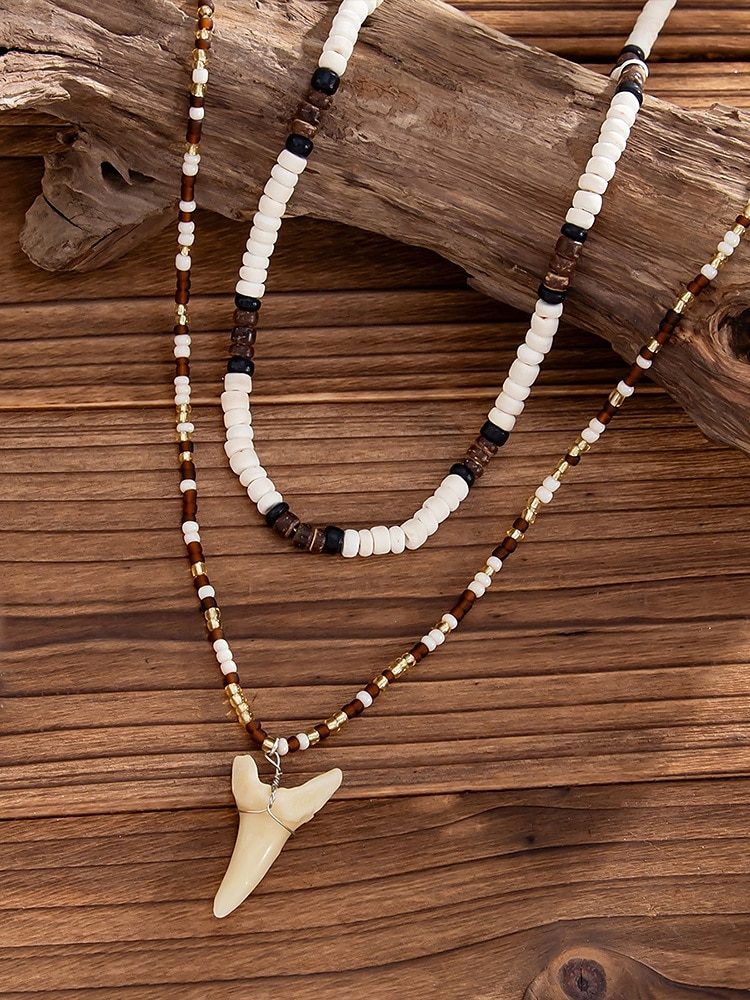 Collar de cuentas tribales multicapa para hombre con colgante de diente acrílico: joyería bohemia informal para uso diario, playa y eventos al aire libre. 2025 - $11.99 –P5