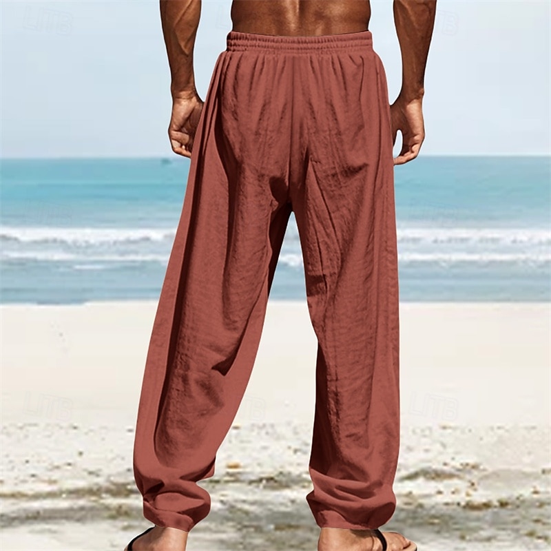Men's Linen Pants Trousers Summer Pants Beach Pants Pocket Elastic Waist Drawstring Plain Comfort Breathable Vacation Daily Holiday Hawaiian Boho White Dark Red 2025 - $18.99 –P10