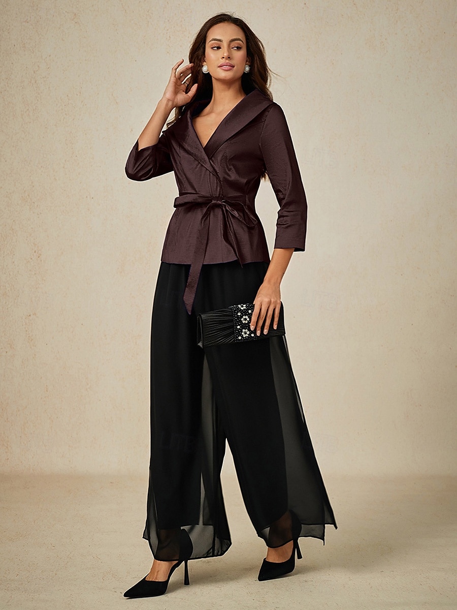 Femmes Chemisier Hauts de soirée Élégant Métallique Moderne Manche 3/4 Col en V Hauts Réguliers robe demoiselle d honneur Soirée Semi-Formel Nœud devant Marron Printemps, Automne, Hiver, Été de 2025 ? $79.99 –P4