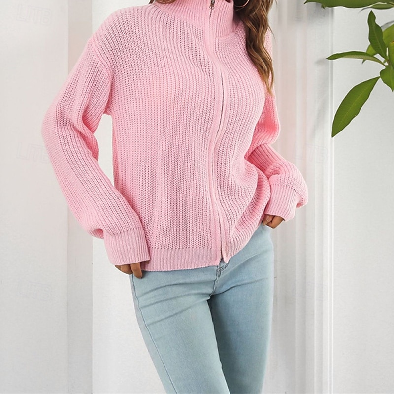 Női Kardigán Alkalmi Tömör szín Vaskos Körgallér Cipzár Kötött Hosszú ujj Normál felsők Kötött Napi Szabadság Alkalmi Fekete Arcpír rózsaszín Ősz Tél 2025 - $24.99 –P8