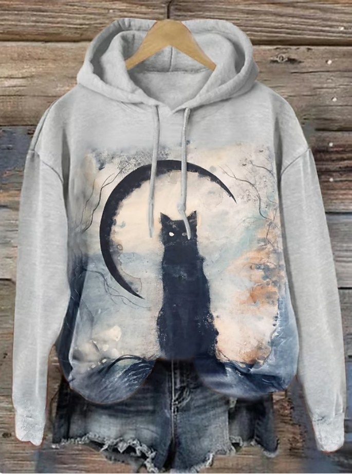 Sudadera con capucha para mujer tipo pullover oversized de manga larga estilo casual gráfica de gato impresión de moda top con capucha regular ropa de calle uso diario cordón impresión negro naranja 2025 - $24.99 –P3