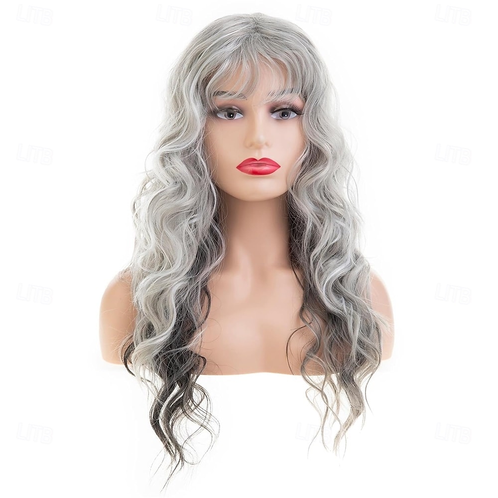 Peruca longa, cacheada e ondulada, cinza, sintética, resistente ao calor, para cosplay, festa, com franja de 2025 por $27.99 –P4