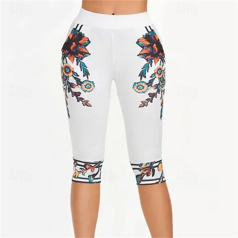 Pentru femei Pantaloni Scurți Jambiere Casual Îmbrăcăminte Atletică Lungimea genunchiului Talie Înaltă Floare Talie elastică Imprimeu Respirabilitate Strech Vacanță Stradă Purtare Zilnică Alb Vară 2025 - $13.99 –P1