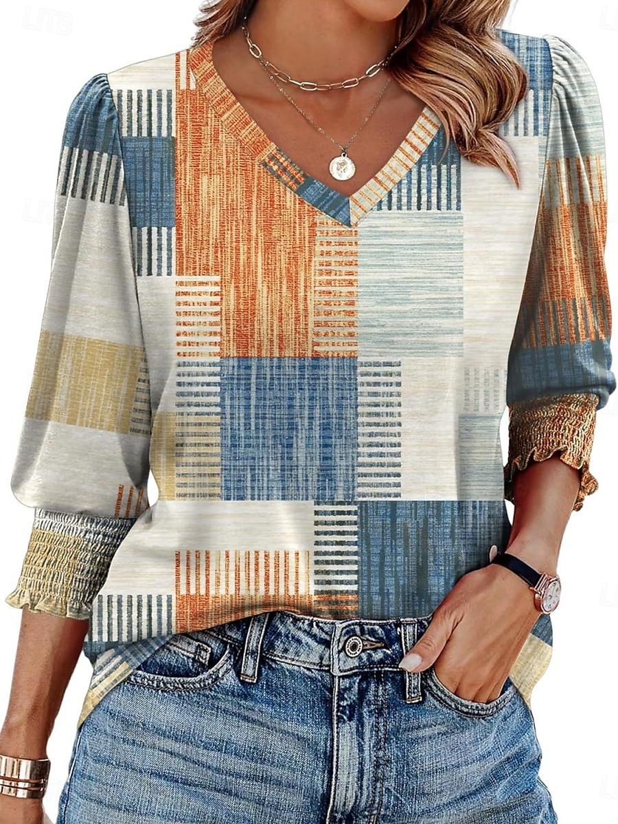 Women's Blouse Leaf Plaid Tropical Stylish Casual 3/4 Length Sleeve V Neck Regular Tops Daily Print White Blue Khaki Summer Spring 2025 - GBP £19 –P1