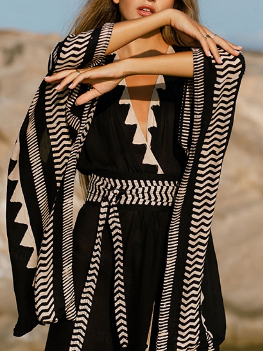 Langes Damenkleid Maxikleid Boho-Kleid Freizeitkleid Swing-Kleid Sommerkleid Vintage Urlaub Alltag Strand Regular Fit Geometrisch 3/4-Ärmel V-Ausschnitt Schwarz Sommer Frühling Herbst 2025 - $25.99 –P3