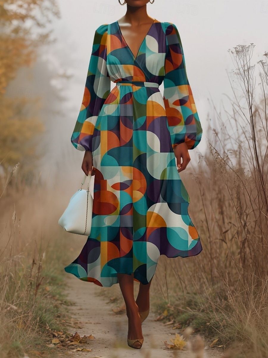 Damen Midikleid Freizeitkleid Chiffon Schwingkleid Modern Urlaub Täglich Wochenende Normale Passform Geometrisch Langarm V Ausschnitt Schwarz Blau Purpur Orange Sommer Frühling Herbst 2025 - $31.99 –P7