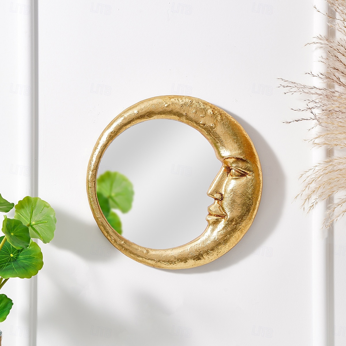 Espejo de pared con cara de luna de resina dorada, espejo colgante artístico redondo para decoración de pared de fondo del hogar, espejo de maquillaje creativo para tocador, decoración de pared y 2025 - $18.99 –P8