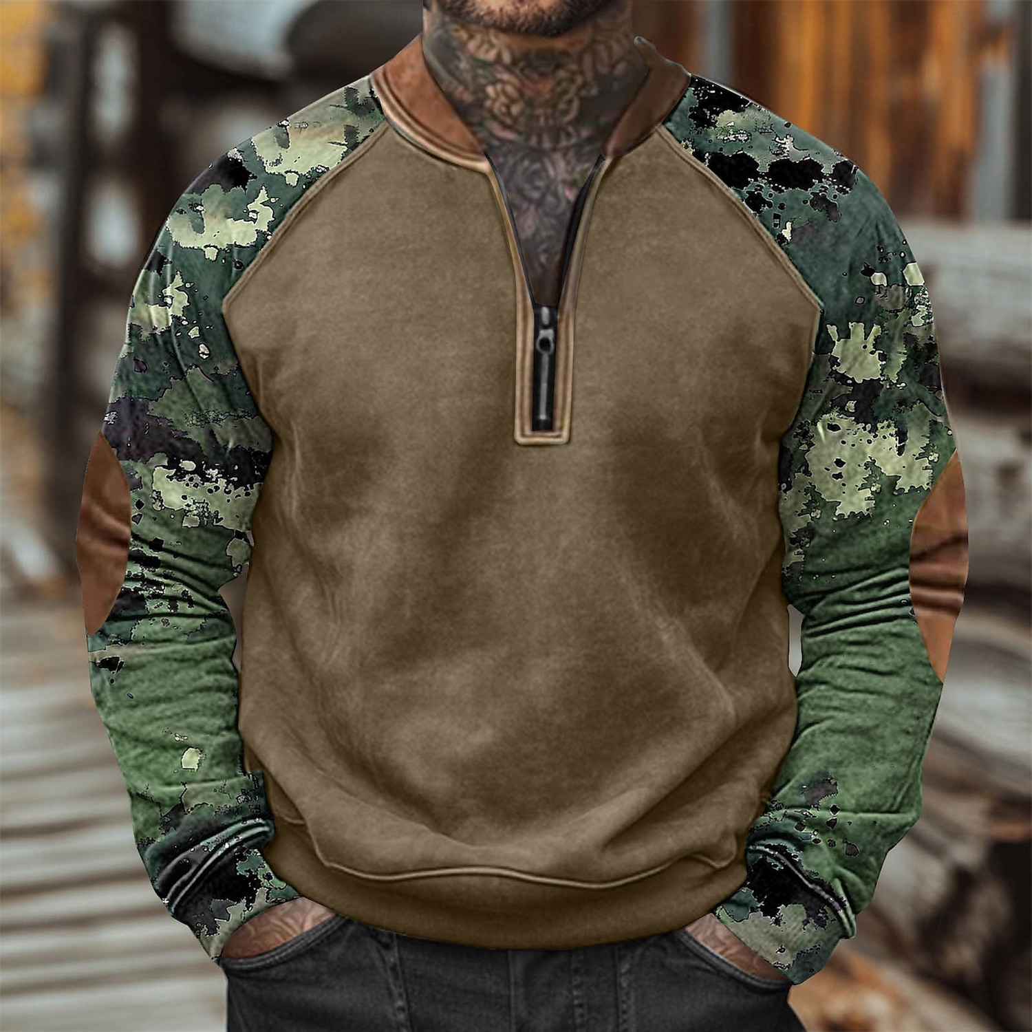 Men's Sweatshirt Quarter Zip Sweatshirt White Army Green Orange Brown Brown 2 Half Zip Color Block Camo / Camouflage Half Zip Print Casual Daily Holiday Polyester Vintage Streetwear Casual Fall Winter 2025 - $24.99 –P2