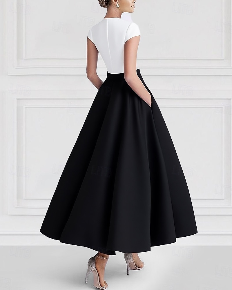 А-силуэт До щиколотки коктейльные платья Платья для вечеринок Элегантный стиль Цветовые блоки Шелковистость С короткими рукавами V-образный вырез Официальные Свадьба Карман Сатин с Карман 2025 - $139.99 –P2