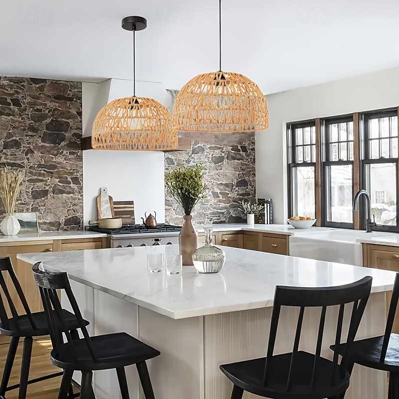 Lampada a sospensione vintage in rattan a forma di cupola, corda intrecciata a mano, luce bianca calda/bianca, e26/e27, catena regolabile del 2025 a $89.99 –P1