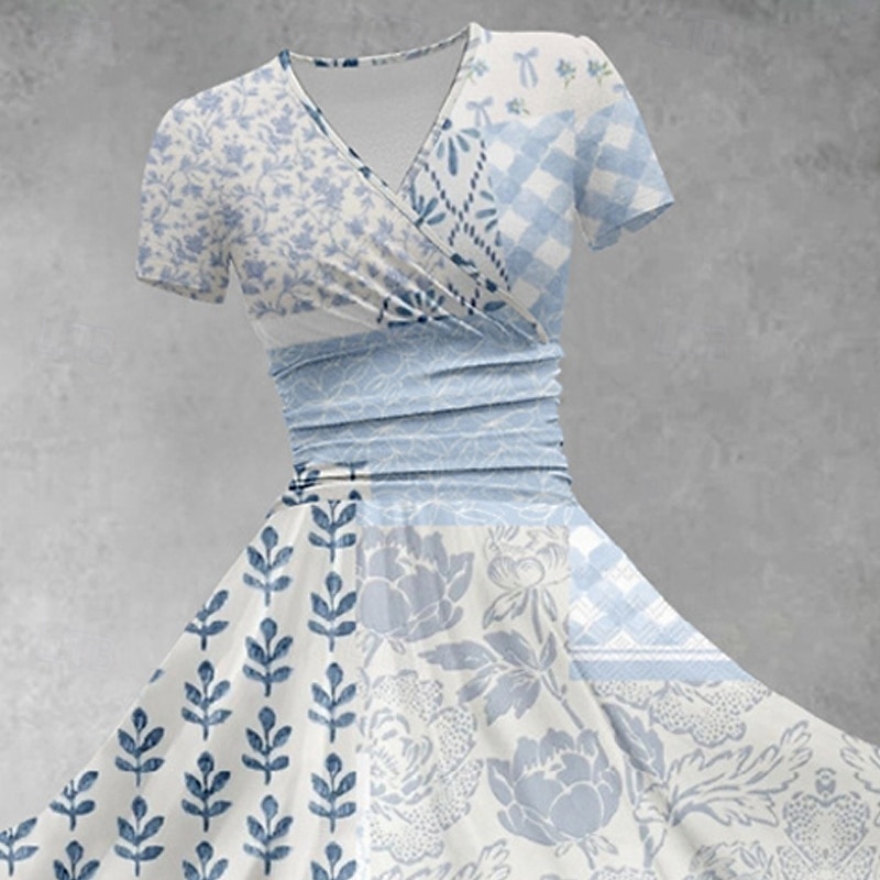 Damen Midikleid Freizeitkleid Sommerkleid Mode Modern Täglich Strand Wochenende Normale Passform Blume Kurzarm V Ausschnitt Blau Sommer Frühling 2025 - $25.99 –P2