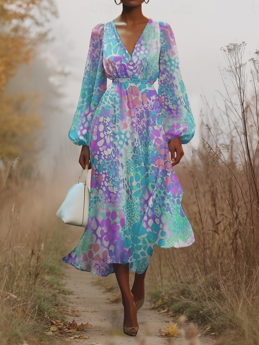 Women's Midi Dress Casual Dress Chiffon Swing Dress Modern Vacation Daily Weekend Regular Fit Leopard Long Sleeve V Neck Pink Blue Purple Green Summer Spring Fall Autumn 2025 - $31.99 –P1