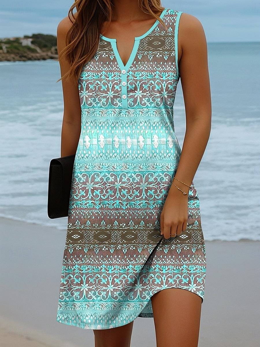 Damen Minikleid Sommerkleid Shiftkleid Schulterfreies Kleid Urlaub Lässig Strand Täglich Ferien Normale Passform Grafik Geometrisch Ärmellos V Ausschnitt Rosa Blau Himmelblau Braun Sommer Frühling 2025 - $21.99 –P4