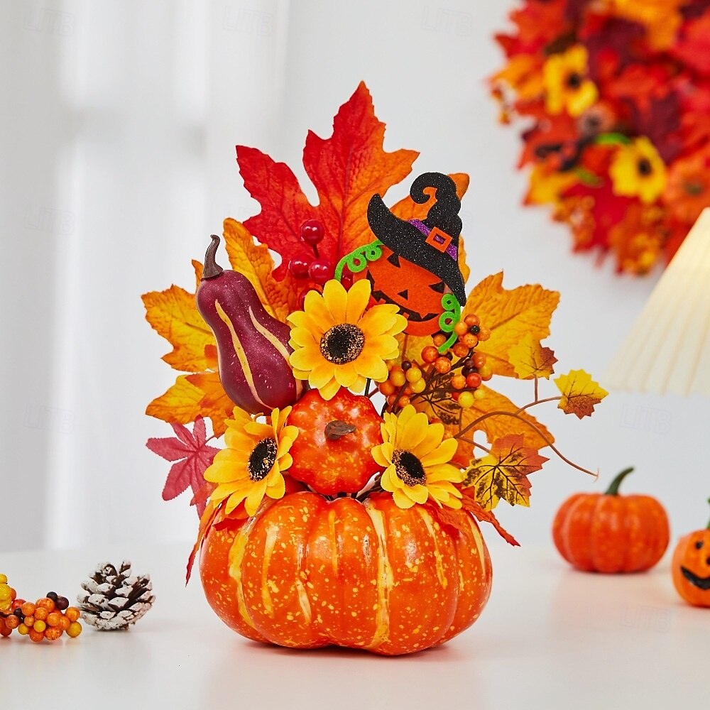enfeite de mesa de outono de Halloween com abóbora falsa, folhas de bordo e luz LED para o festival da colheita de outono, decoração de cena assustadora de Halloween para casa e festa de outono de 2025 por $20.99 –P9