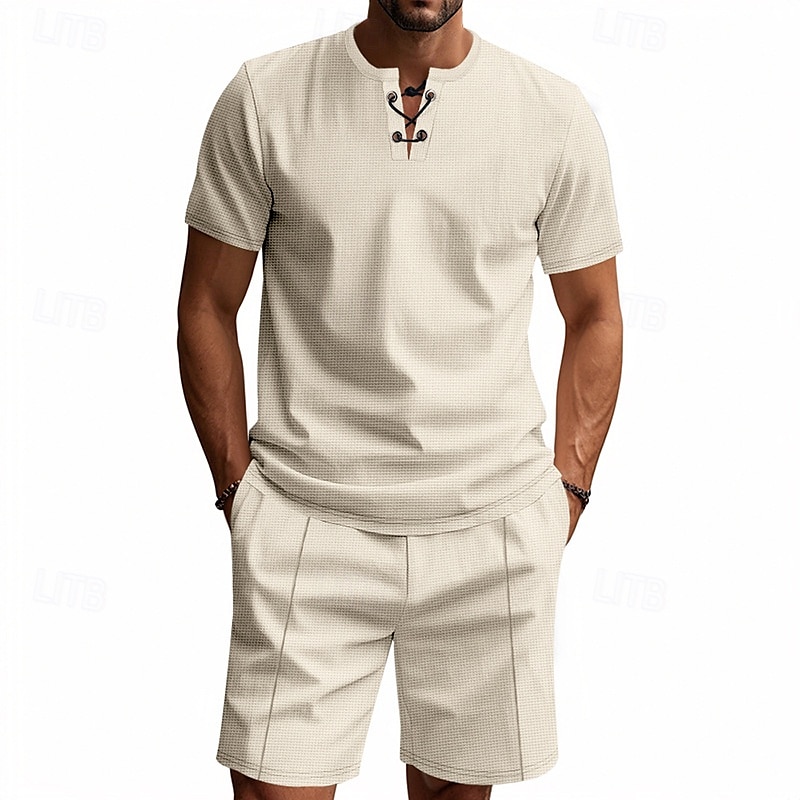 Per uomo Camicia a nido d'ape Completi T-shirt Outfit 2 pezzi Maglietta e pantaloncini Manica Corta Scollo a V Estate Semplice Moda Casual Allacciato 2 Pezzi Vacanza Abbigliamento quotidiano Uscire del 2025 a $28.99 –P17