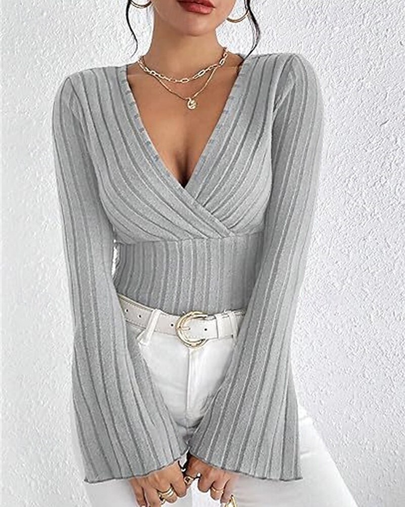 Damen T Shirt Einfach Mode Modern Langarm V Ausschnitt Normale Oberteile Täglich Tunika Schwarz Armeegrün Grau Sommer 2025 - $18.49 –P7