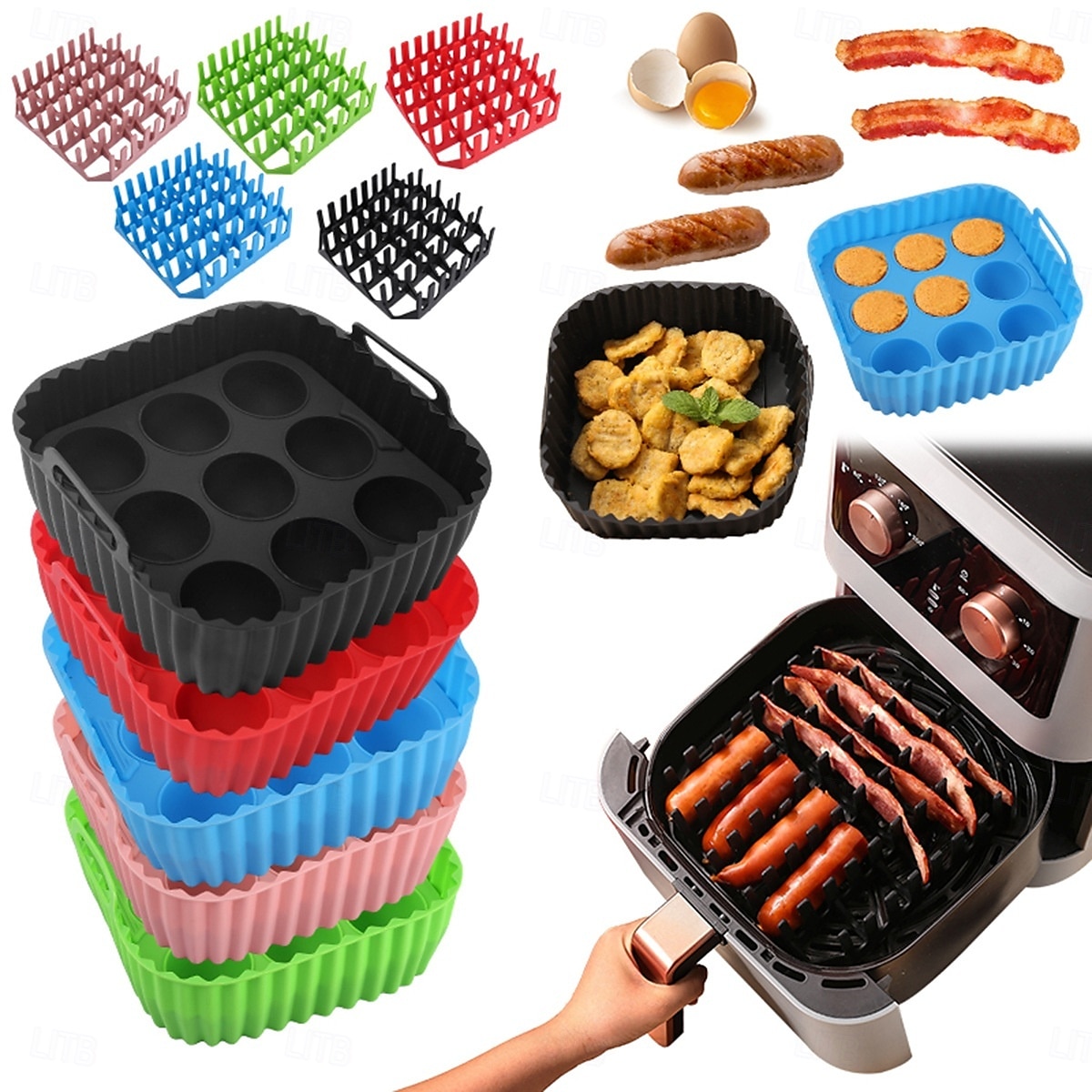 3pcs Reusable Silicone Air Fryer Liners Set Non-Stick Silicone Tray, Bacon Rack & 9-Cavity Mold for Eggs and Cupcakes Multi-Use Air Fryer Accessories 2025 - $20.99 –P1