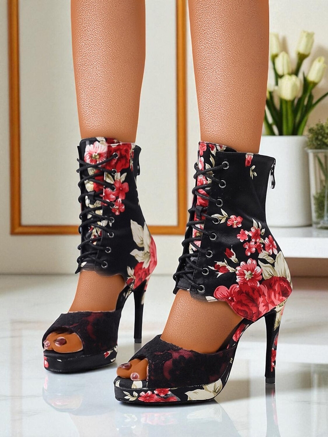Bottes de danse florales pour femmes - Chaussures de danse latine professionnelles à talons hauts et bout ouvert en satin avec imprimé rose élégant, idéales pour la salsa, le tango et les spectacles de 2025 ? $64.99 –P7