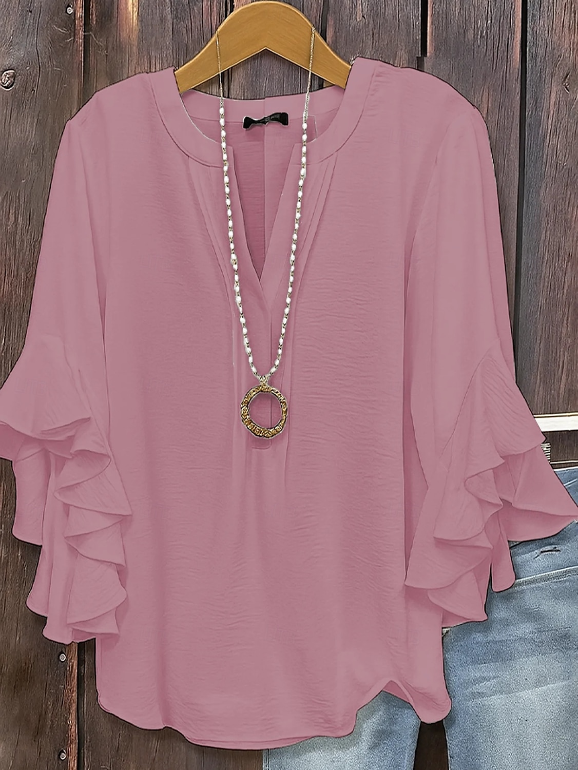 Per donna Blusa Tinta unica Elegante Manica 3/4 Scollo a V Top Regolari Quotidiano Volant Nero Bianco Rosa Verde militare Primavera Autunno del 2025 a $21.99 –P3