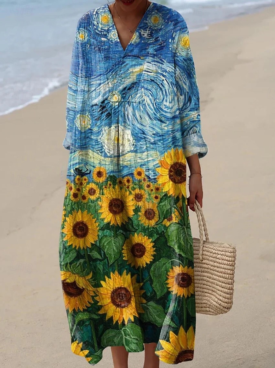 Per donna Abito maxi Vestito Estivo Abito a trapezio Vacanza Casual Boho Feste Uscire Spiaggia Floreale Grafico Manica Lunga Scollo a V Giallo Arancione Verde Estate Primavera Autunno del 2025 a $35.99 –P2