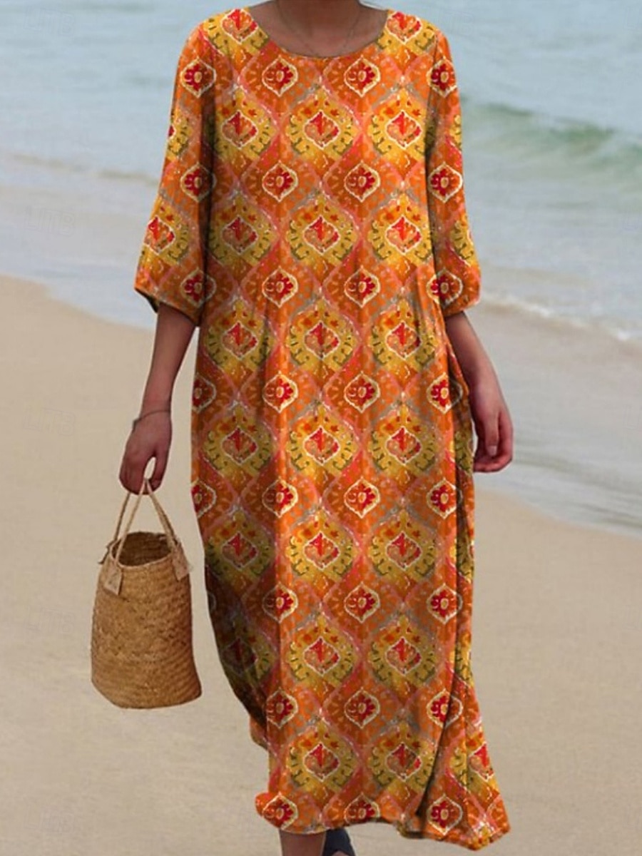 Femmes Robe Midi Robe Décontractée Robe Imprimée ancien africain Quotidien Plage Week-end Coupe régulière Fleuri Graphique Manche 3/4 Col ras du cou Jaune Rouge Orange Printemps Automne de 2025 ? $31.99 –P3