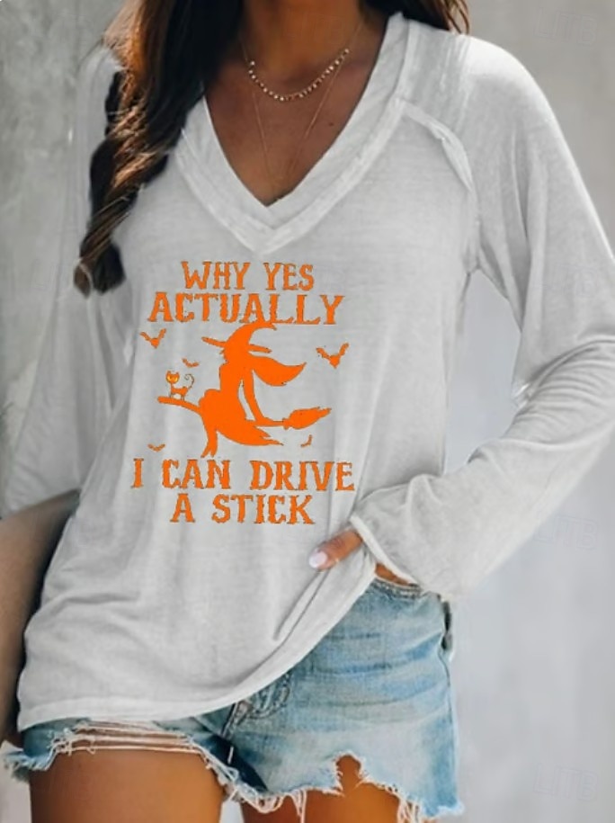 Women's T shirt Witch Long Sleeve V Neck Long Sleeve Graphic Casual Letter Vintage Stylish Western Tops Daily Weekend Vacation Wear Print Black White Pink Navy Blue Blue Spring Fall Prefall 2025 - $22.99 –P2