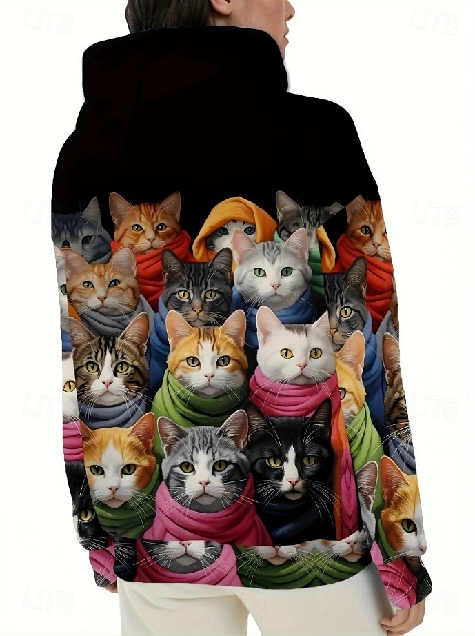 Damen Kapuzenpullover Grafik Tiermotiv Katze Vintage Mode Western Langarm Mit Kapuze Normale Oberteile Straße Alltagskleidung Lässig Druck Fronttasche Schwarz Herbst Winter 2025 - $24.99 –P3