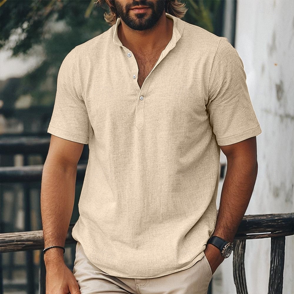 Homme Chemise Chemise en lin Chemise popover Chemise d'été Chemise de Plage Chemise hawaïenne Couleur Unie Occasionnel Quotidien Rose Claire bleu marine Vert Kaki Manche Courte Band Collar Printemps de 2026 ? $22.99 –P13
