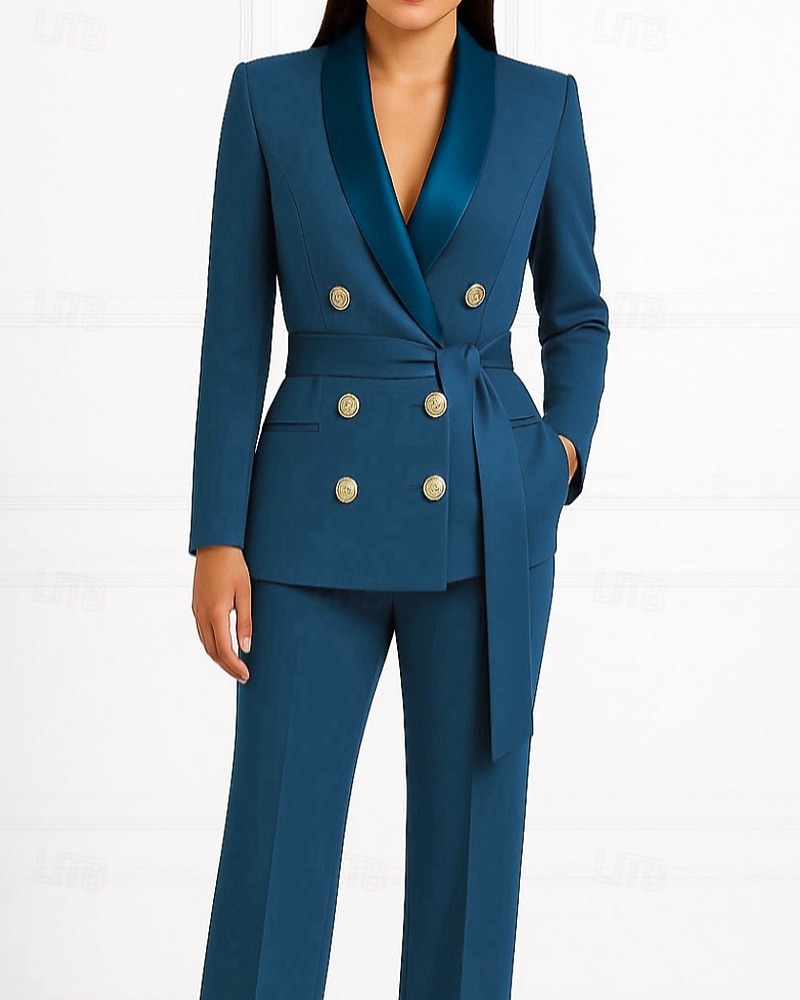 Mujer Trajes de 2 piezas Formal Invitado a la boda Satén Elegante Minimalista Casual Manga Larga Hasta el Tobillo Solapa Redonda Botonadura Doble 2025 - $179.99 –P3