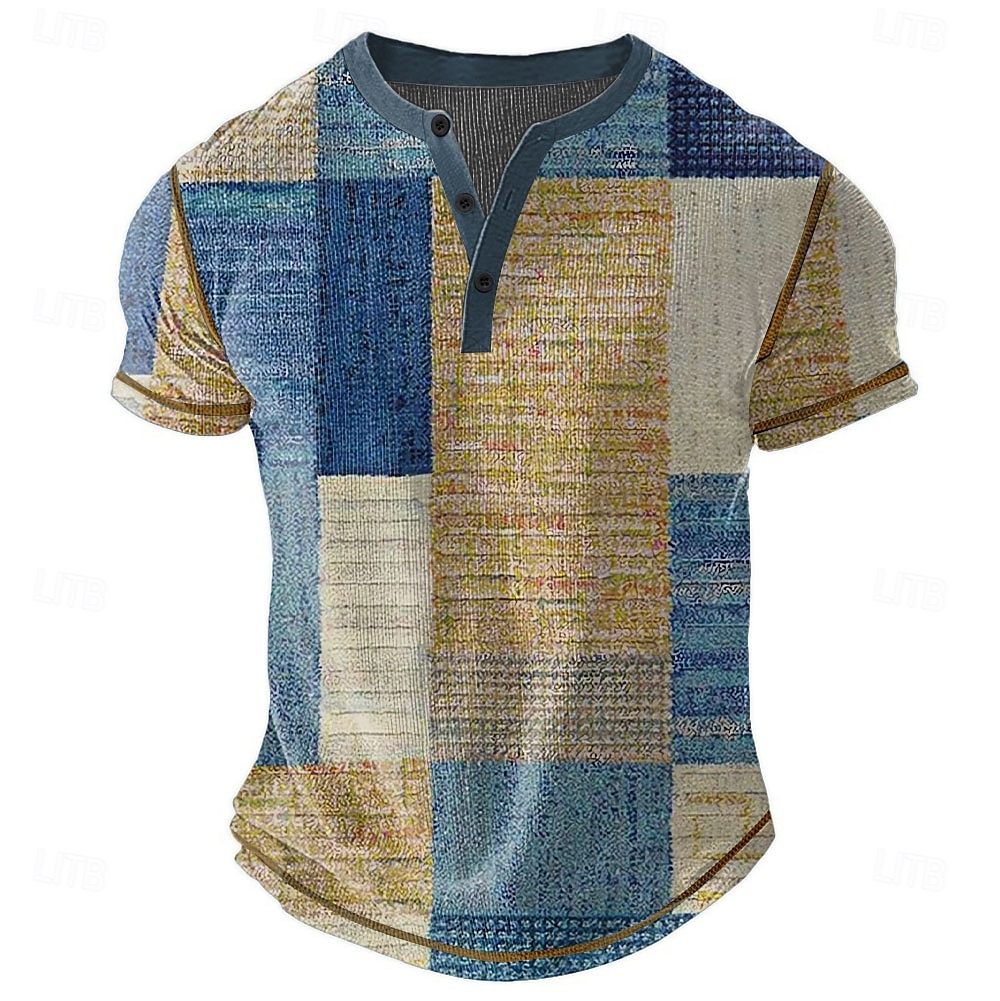 Men's Geometric Henley Shirt Waffle T Shirt Short Sleeve Daily Retro Vintage Classic Sports Outdoor Casual Holiday Spring & Summer All Seasons Dark Brown Green Blue Khaki Henley Henley T-Shirt 2025 - $22.99 –P1