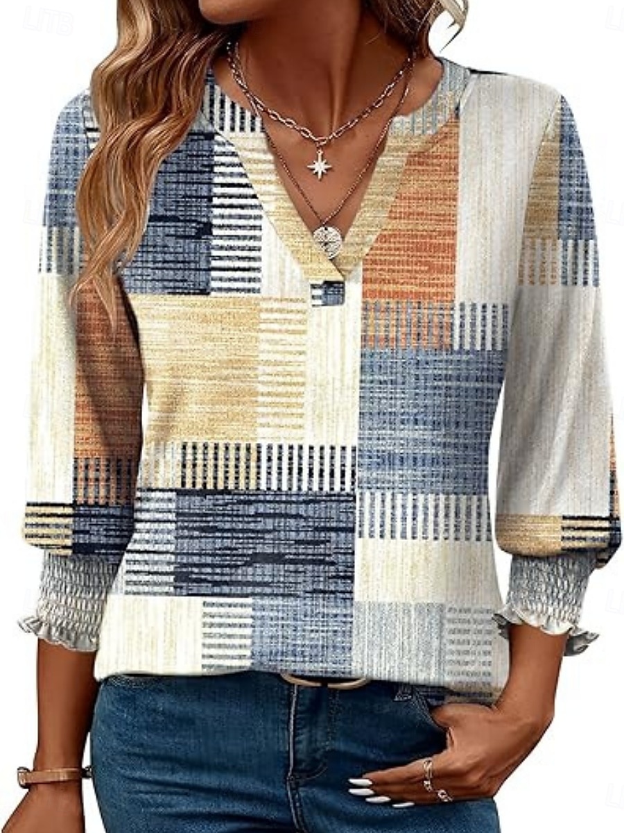 Dame Bluse Ruter Stilfull Fritid 3/4 ermer Crew-hals Vanlige topper Daglig Trykt mønster Gul Grønn Kakifarget Sommer Vår 2025 - $21.99 –P1