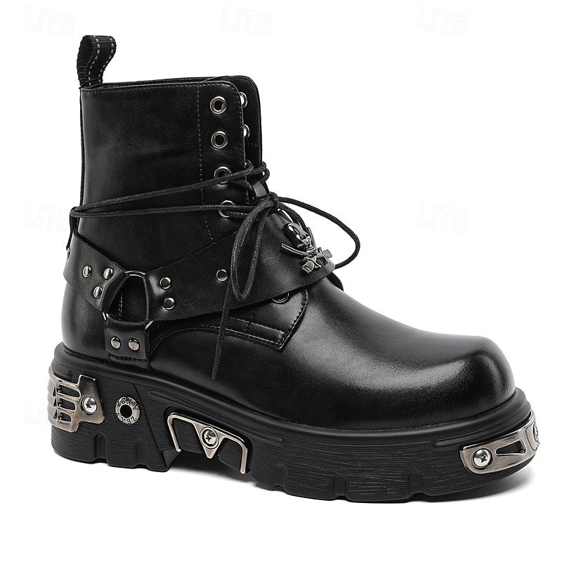 Ghete bărbătești negre cu șireturi și nituri gotice – ghete cu platformă punk rock pentru Halloween, concerte și ținute de stradă 2026 - $99.99 –P5