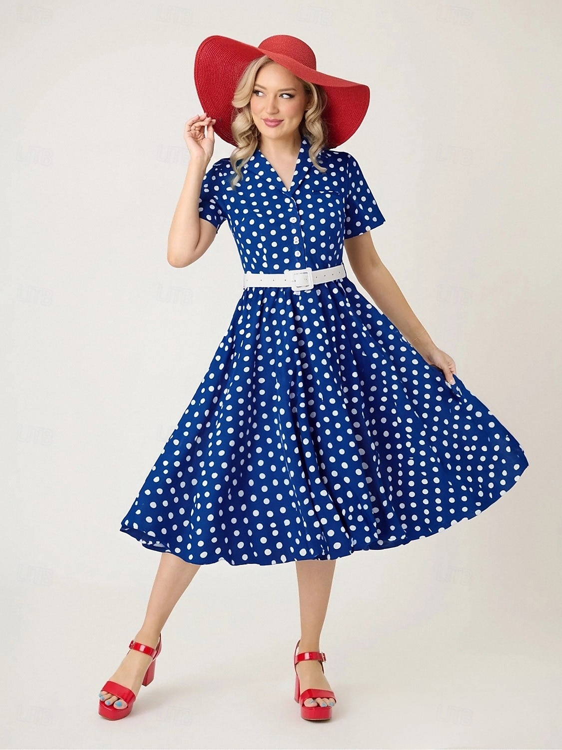 Retro 50. léta Rockabilly Ke kolenům Houpací šaty Flare šaty Košilové šaty S páskem Puntíky Maškarní kostým Dámské Karneval Plesová maškaráda Dovolená Večírek Na den Dospělé Šaty Jaro léto 2025 - $38.99 –P20