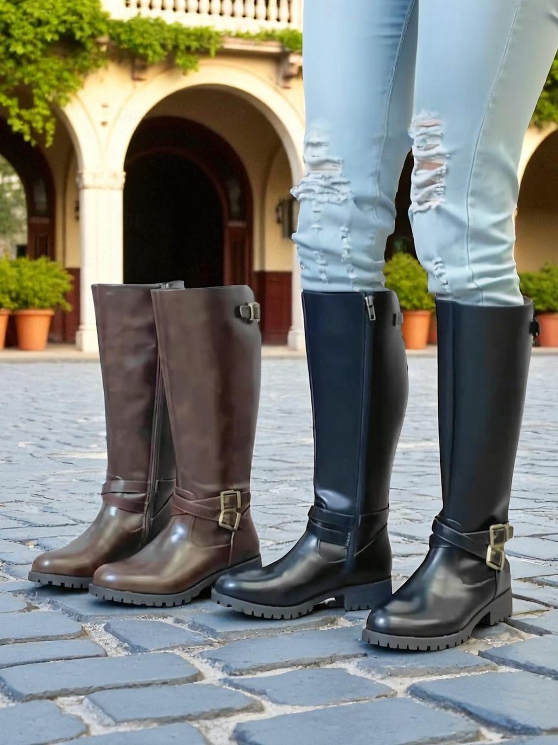 Botas de montar hasta la rodilla para mujer en color café con detalle de hebilla: botas clásicas de piel sintética de pantorrilla ancha para otoño, viajes y uso diario. 2025 - $46.99 –P6