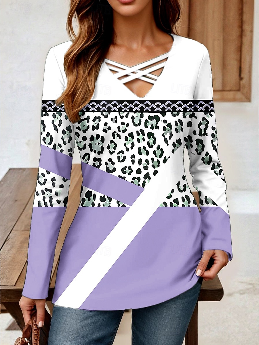Pentru femei Tricou Grafic Animal Leopard Epocă Stilat Clasic Manșon Lung În V Topuri obișnuite Zilnic Eliminat Imprimeu Roz Îmbujorat Mov Albastru Deschis Primăvară Toamnă 2025 - $22.99 –P3