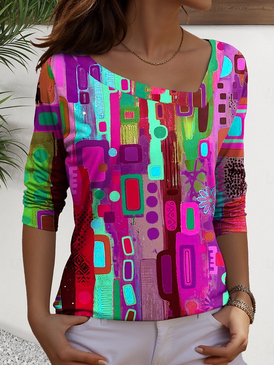 Per donna Maglietta Stampato Grafico Geometrico Casual Manica Lunga Scollo a V Top Regolari Quotidiano Blu Rosso Viola Verde Primavera Autunno del 2026 a $22.99 –P4