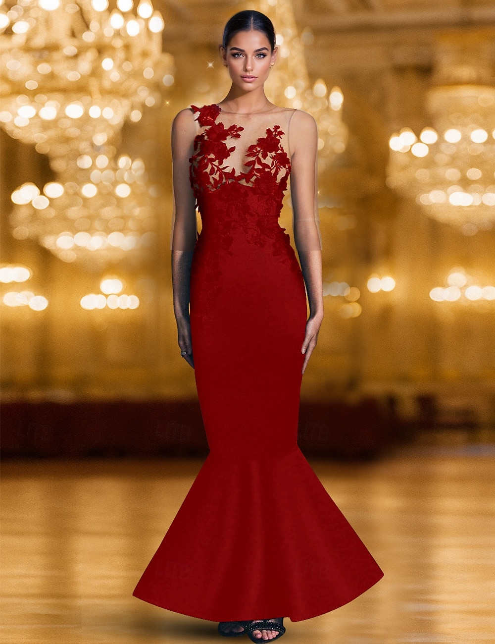 Abito da sera elegante a sirena/tromba con cravatta nera, abito formale da sposa, lungo fino al pavimento, manica lunga, scollo a V, in crêpe elasticizzato con applicazioni, 2025 del 2025 a $147.99 –P3
