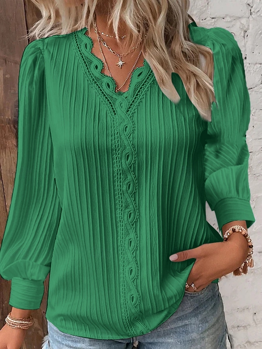 Damen Spitzenbluse Einfarbig Elegant Stilvoll Basic Langarm V Ausschnitt Normale Oberteile Täglich Spitze Patchwork Weiß Rote Purpur Orange Grün Sommer Frühling Herbst 2025 - $22.99 –P3