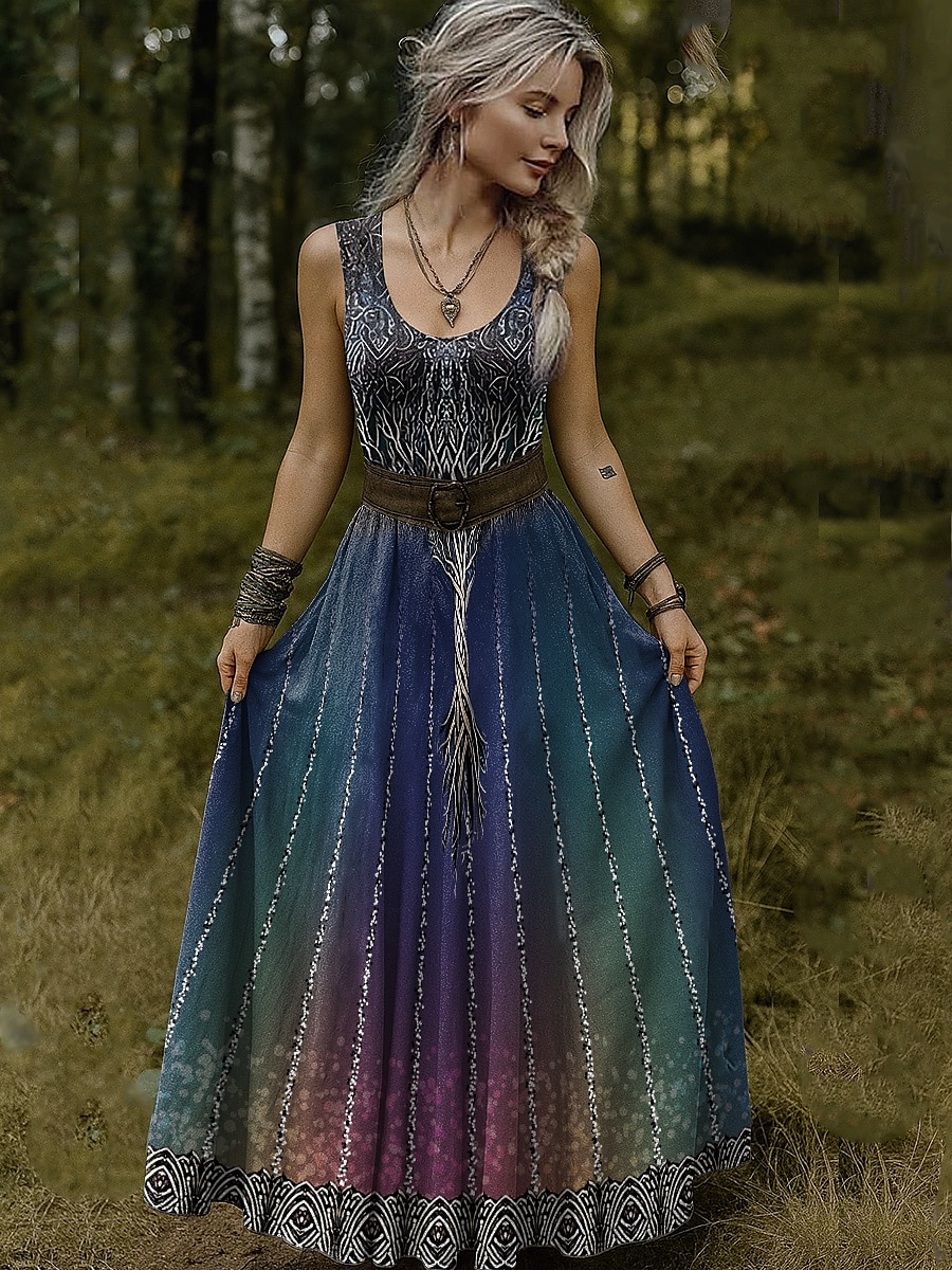 Dámské vintage vikingské šaty s keltskými uzly a gradientním uměním, skládané šaty, prázdninové ležérní boho plážové šaty, regular střih, grafický etnický střih, bez rukávů, výstřih do V, výstřih do U 2025 - $35.99 –P2