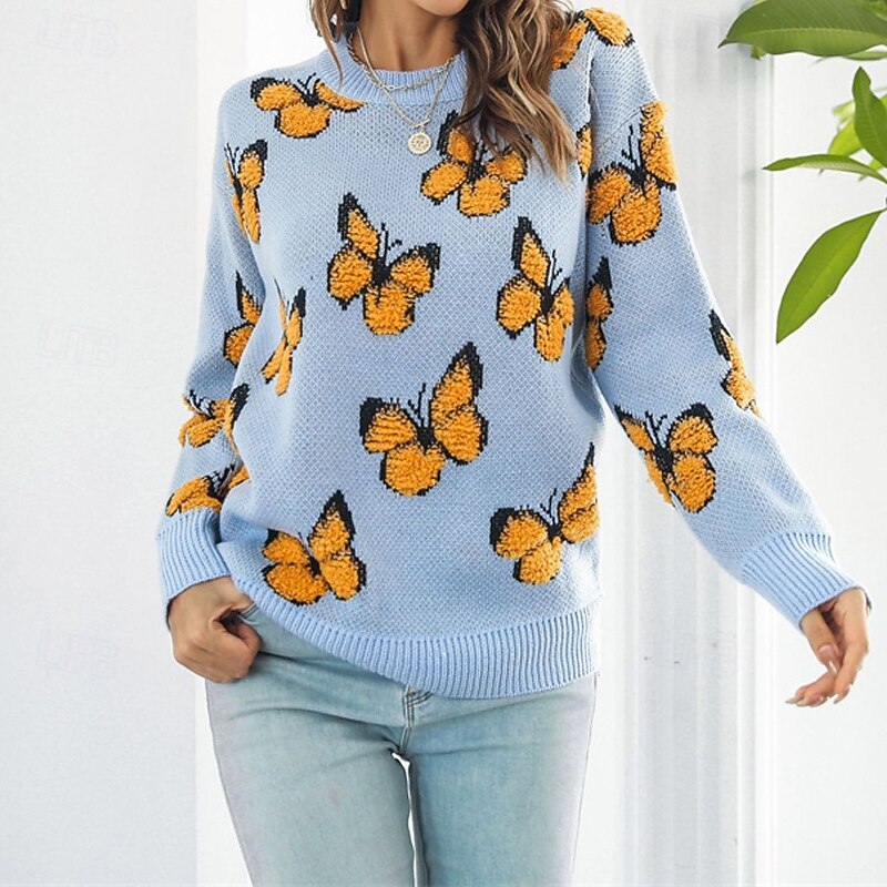 Per donna Maglione Casual Farfalla Spesso Girocollo Lavorato a maglia Manica Lunga Top Regolari Maglia Quotidiano Ferie Uscire Blu Viola Autunno Inverno del 2025 a $27.99 –P8
