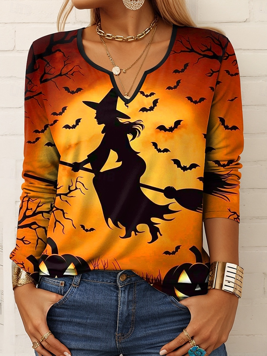 Halloween Pentru femei Tricou Ombre Grafic Geometric Epocă Stilat Clasic Manșon Lung Gât crestat Topuri obișnuite Zilnic Imprimeu Mov Portocaliu Trifoi Vară Primăvară Toamnă 2025 - $24.99 –P1