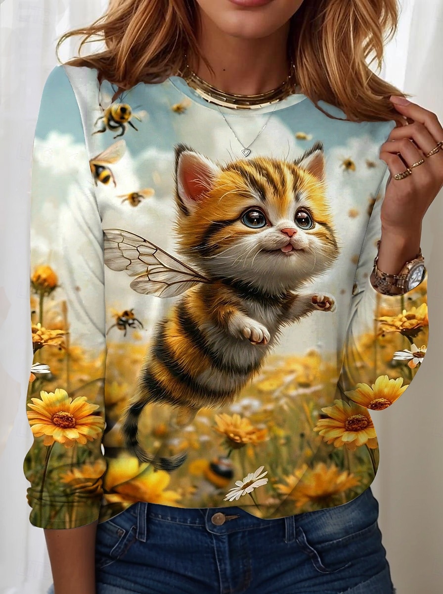 Femmes T-shirt Fleuri Graphique Chat ancien Élégant Classique manche longue Col ras du cou Col rond Hauts Réguliers Quotidien Week-end Imprimé Jaune Bleu Kaki Printemps Automne de 2025 ? $22.99 –P2