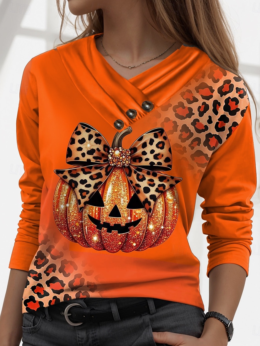 Halloween Femmes T-shirt ancien Élégant Occasionnel manche longue Col en V Hauts Réguliers Quotidien Boutons Imprimé Noir Jaune Orange Automne Hiver de 2025 ? $24.99 –P1