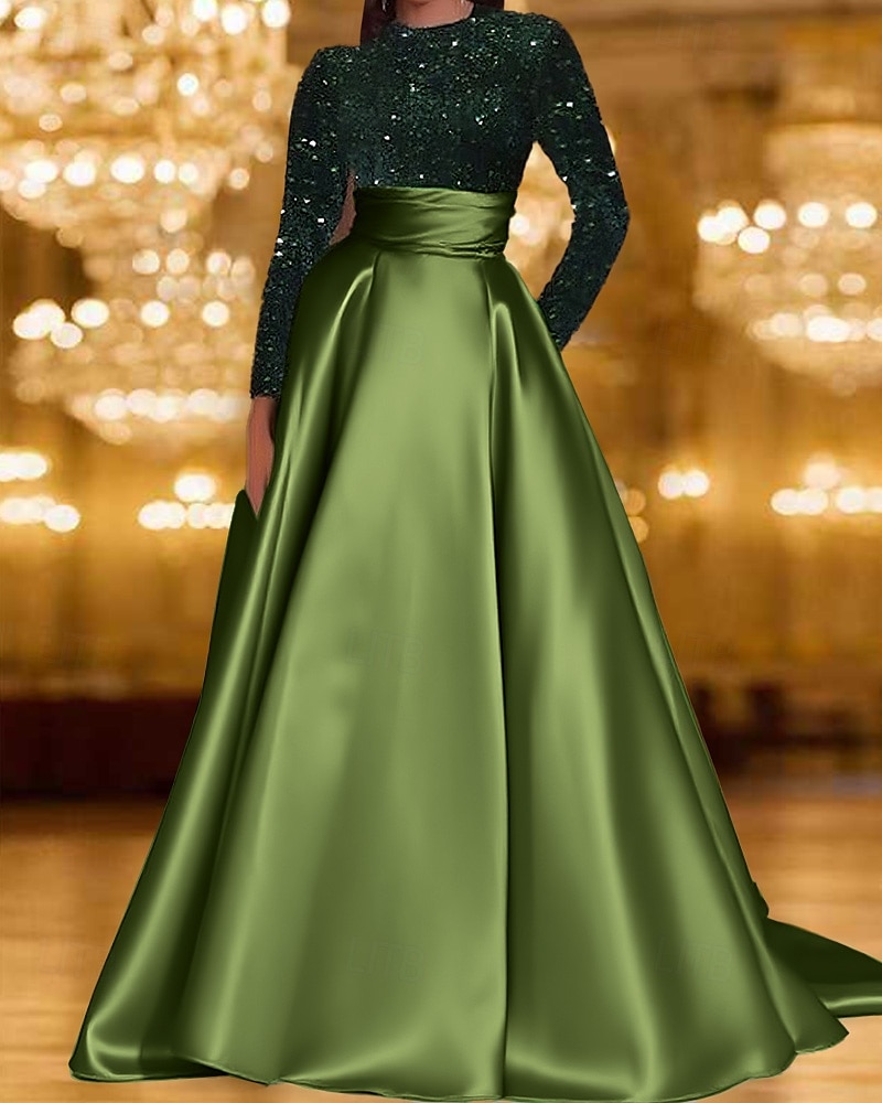 Fekete és Fehér A-vonal Estélyi Ruhák Elegáns Ruha Formális Esküvő Térd alatti Hosszú Ujjú Környakú Zsebes Satin Flitteres Zsebbel 2025 - $137.99 –P3