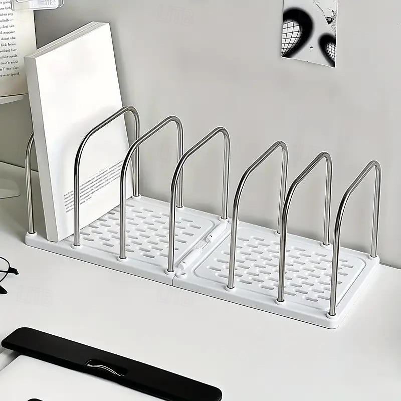 מדף ספרים שולחני מנירוסטה ופוליפרופילן עם בסיס מונע החלקה, מחיצות מתכווננות, תומכי ספרים אנכיים קומפקטיים, מארגן שולחן משרדי מודרני מינימליסטי לדואר, אחסון קבצים, מדף לימוד במעונות סטודנטים 2025 - $15.99 –P8